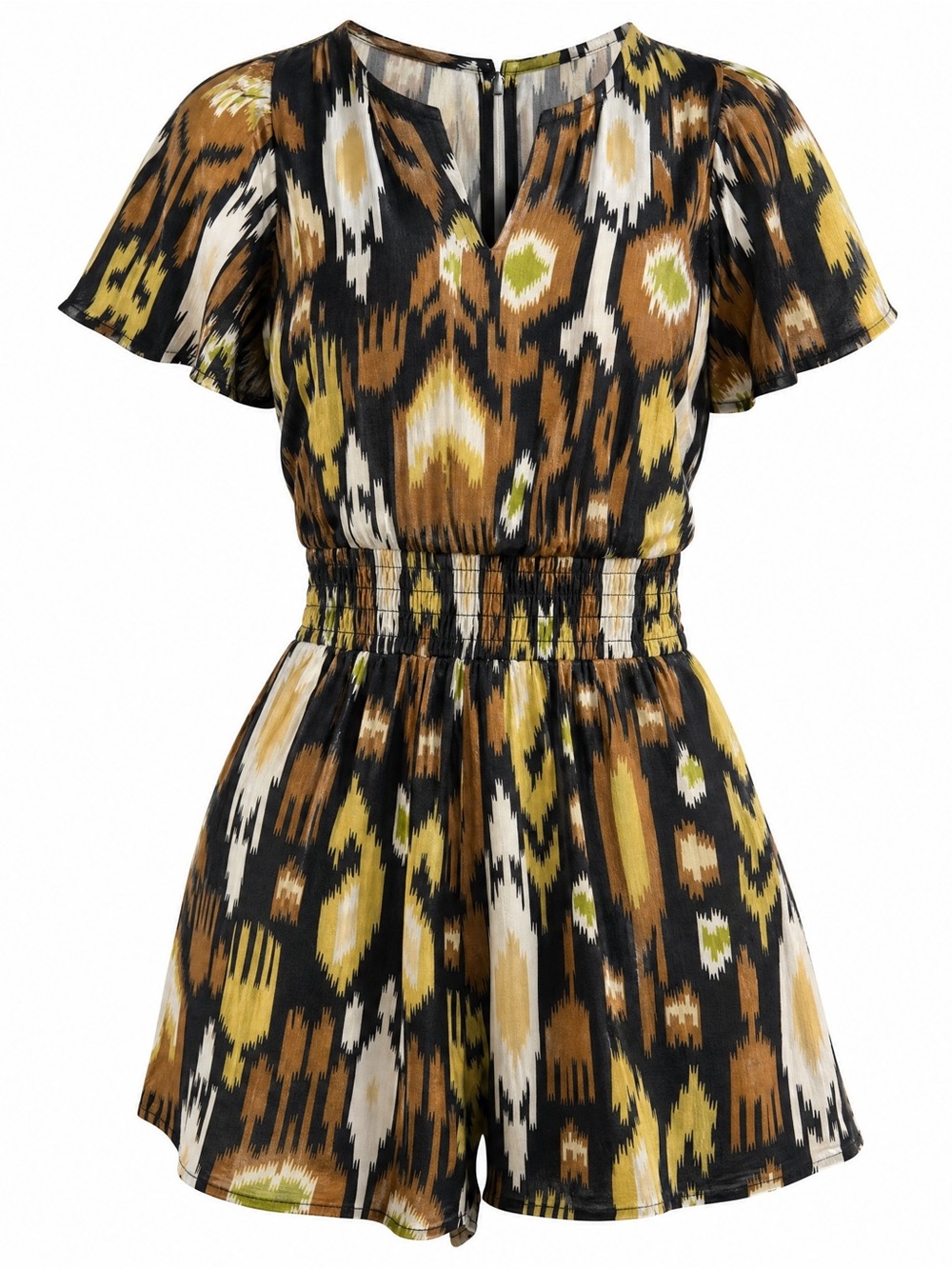 Anthropologie Ikat Short Sleeve Romper in Black, Brown & Yellow